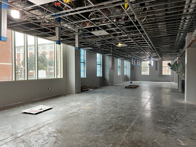 The inside of a building showing windows. 