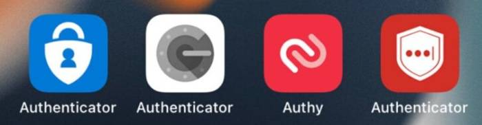 Four different authenticator apps on a home screen. The first app from the left is blue, the second one is white, the third is red and the last one is a darker red. 