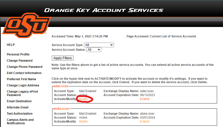 A screenshot of the O-Key Account Services webpage, showing the account options on the left, Service Account Type and Status in the center with 