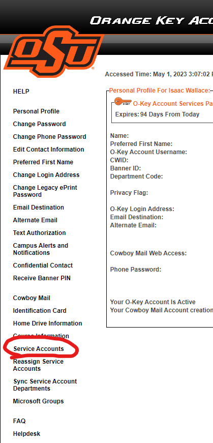 A screenshot of the O-Key Account Services webpage, showing the account options on the left, with ‘Service Account’ circled in red.