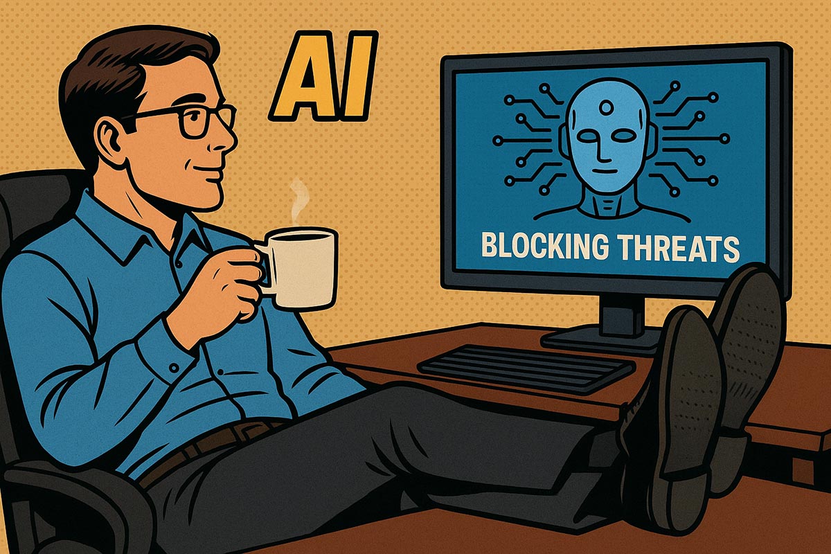 A man sits in a chair with his legs crossed on the top of a desk and a mug in his hands looking at the computer screen that says Blocking Threats with a robot head.