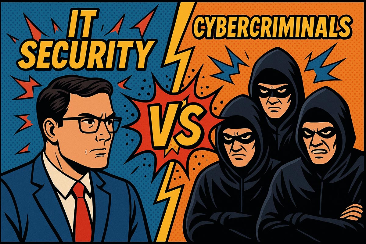 A man with a scowl on his face is next to three men with black hoodies and masks with unpleasant facial expressions with the text, IT Security VS Cybercriminals.