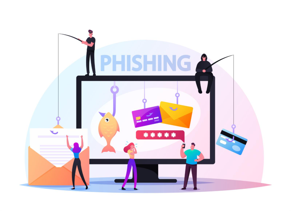 People stand around a large computer screen while scammers use fishing poles to “hook” items like emails, credit cards, passwords, and messages, symbolizing attempts to steal personal information.