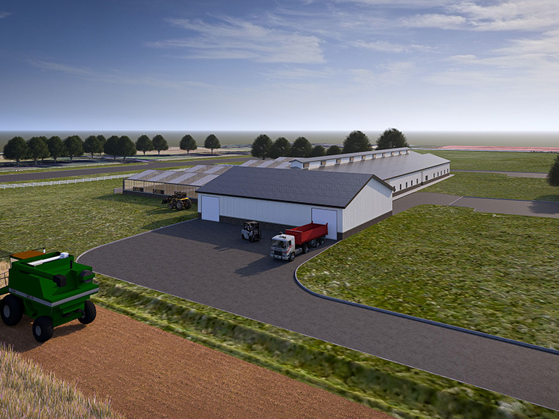 Rendering of a side of the Agronomy Discovery Center next to a field.
